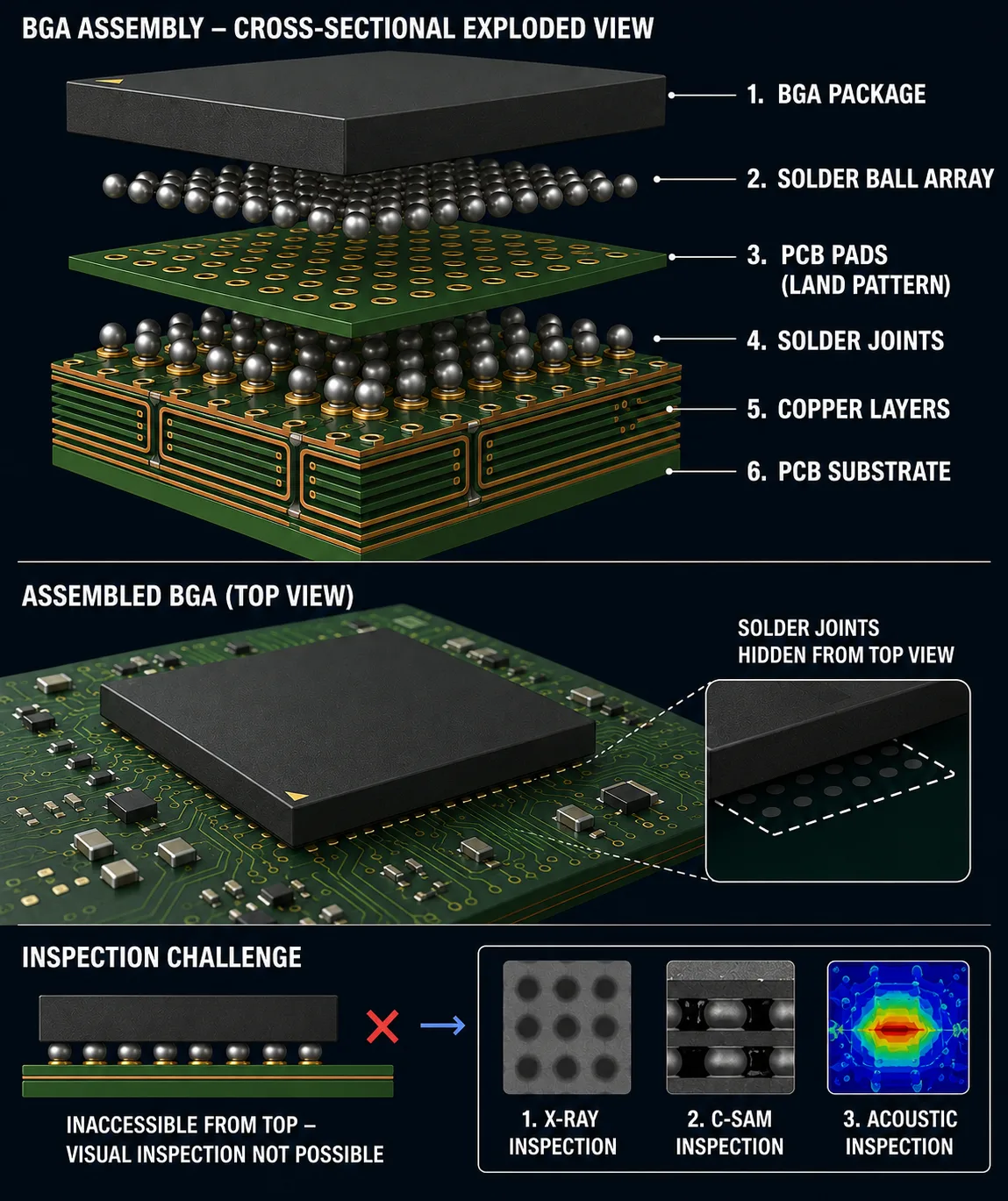 BGA package cross section showing solder balls PCB pads and hidden solder joints