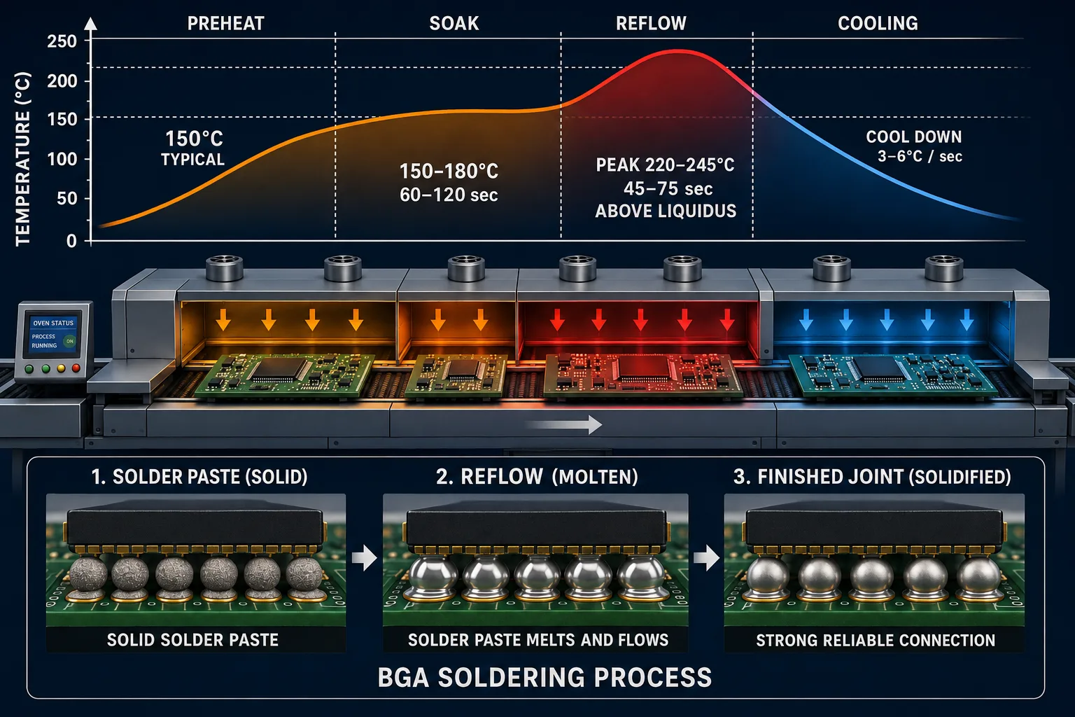 BGA reflow soldering process with thermal profile and solder joint formation