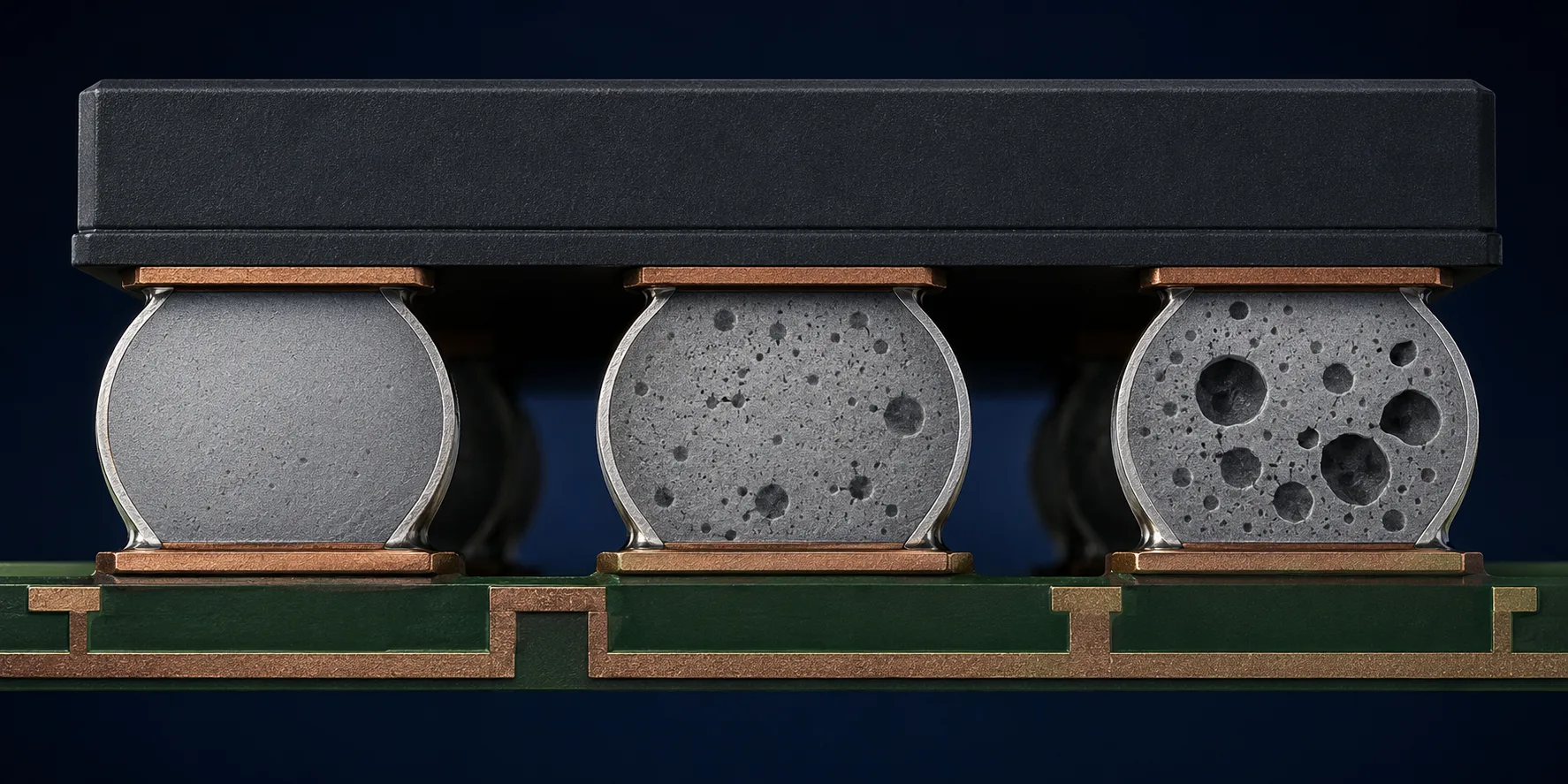 BGA solder joints showing different levels of internal voiding