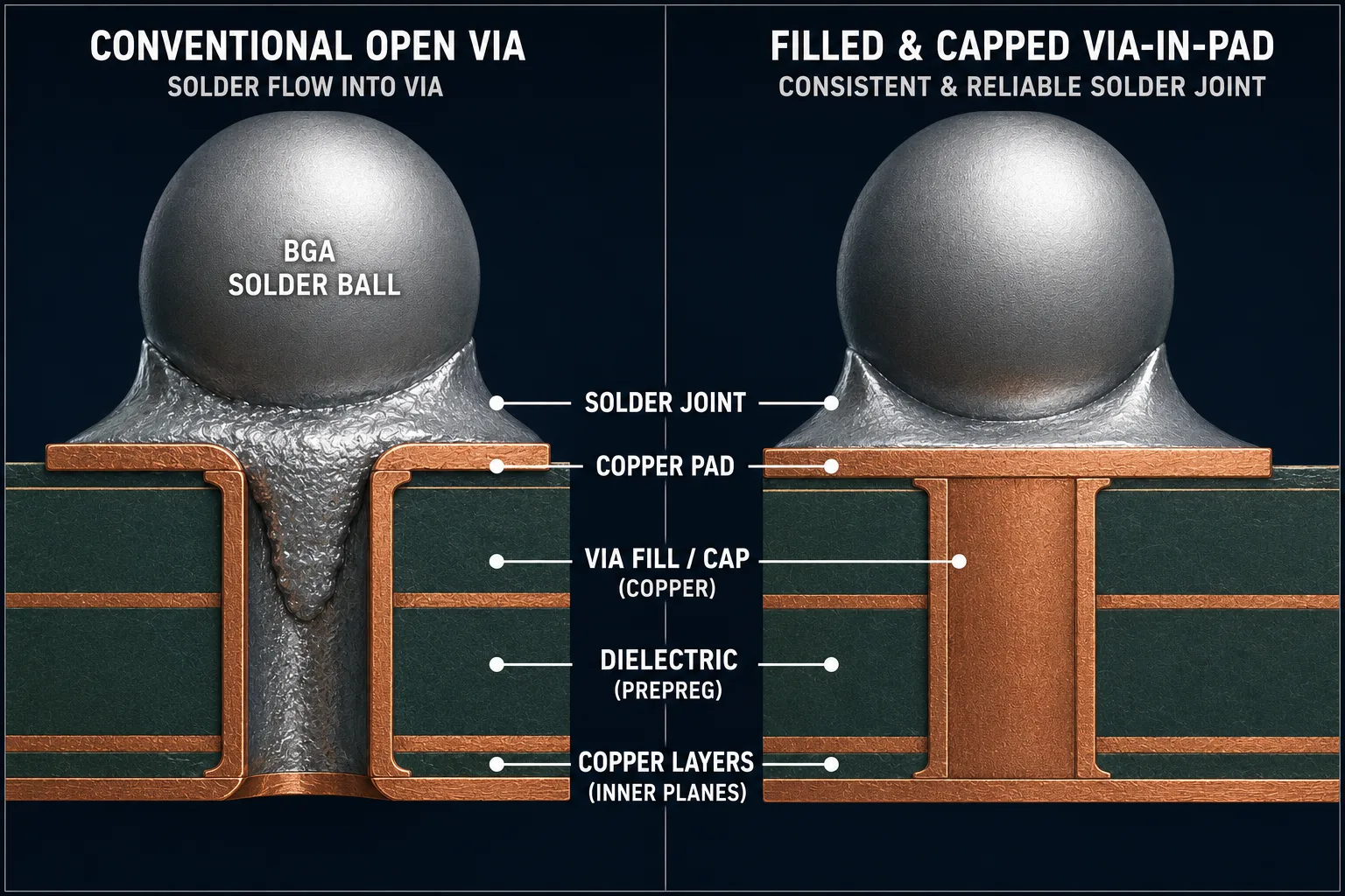 Comparison of open via-in-pad and filled via-in-pad structures for BGA assembly