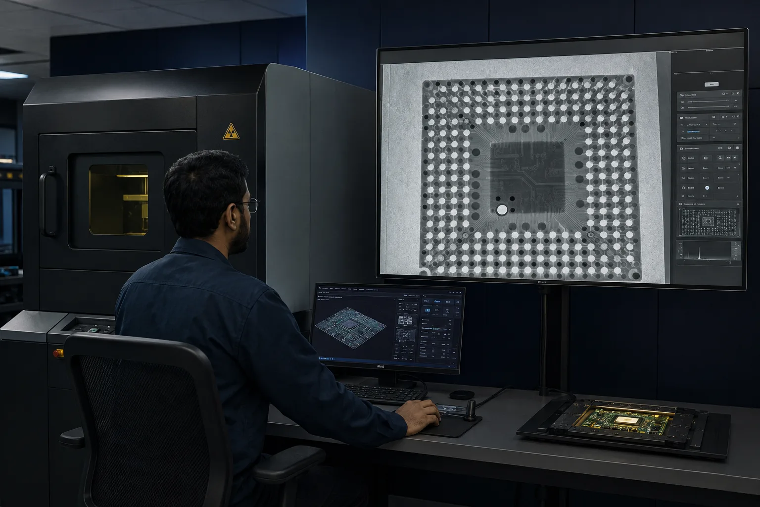 BGA PCB undergoing X-ray inspection for hidden solder joint defects