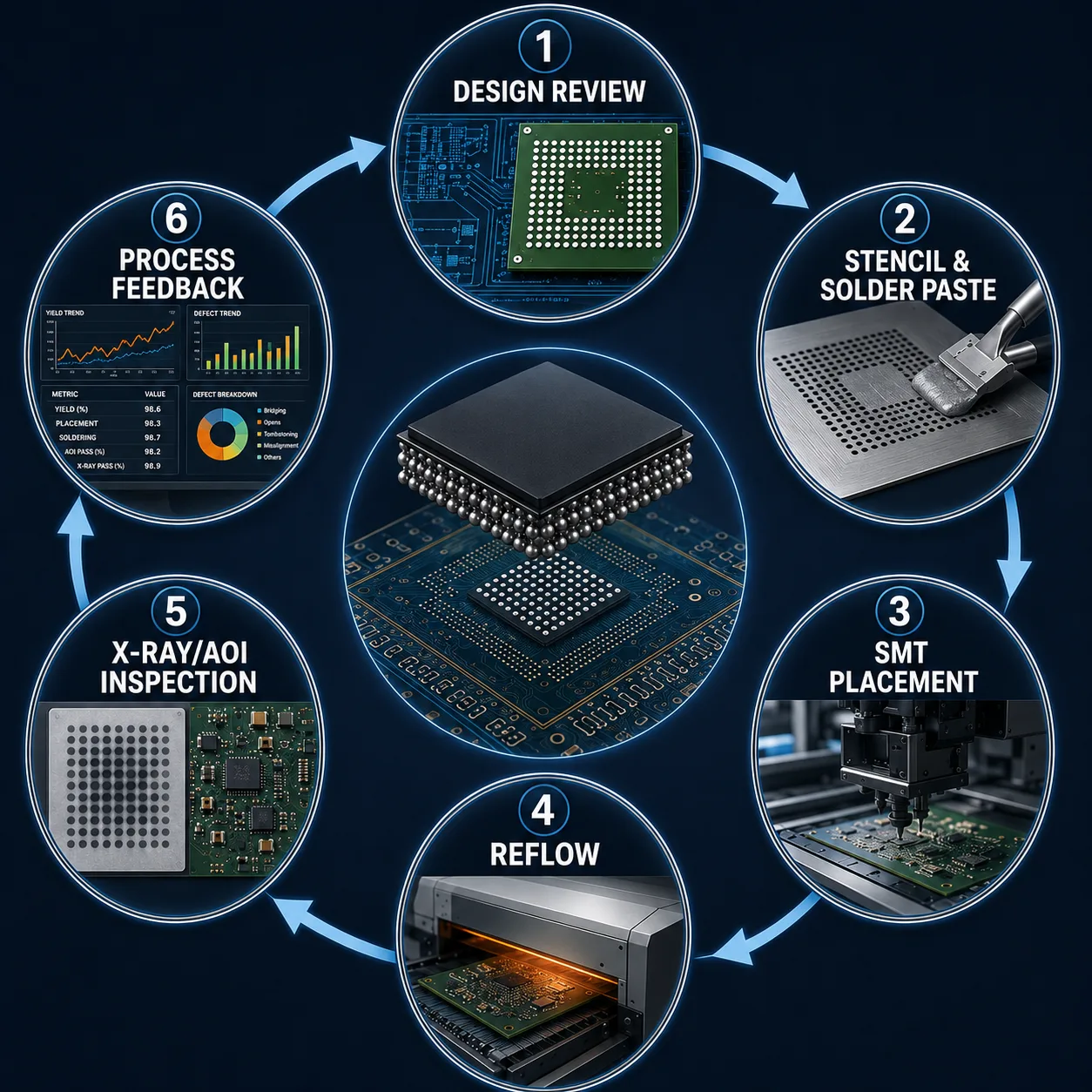 BGA assembly process control from PCB design through inspection and feedback