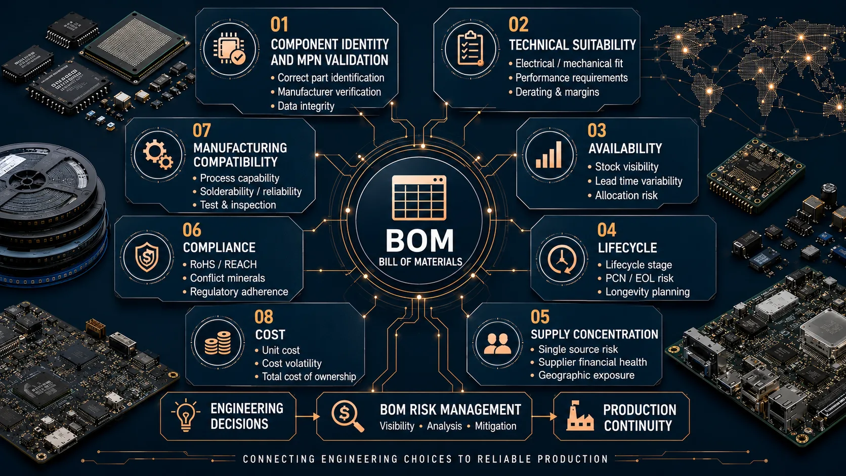 BOM risk management framework covering component identity, technical suitability, lifecycle, supply and manufacturing risk