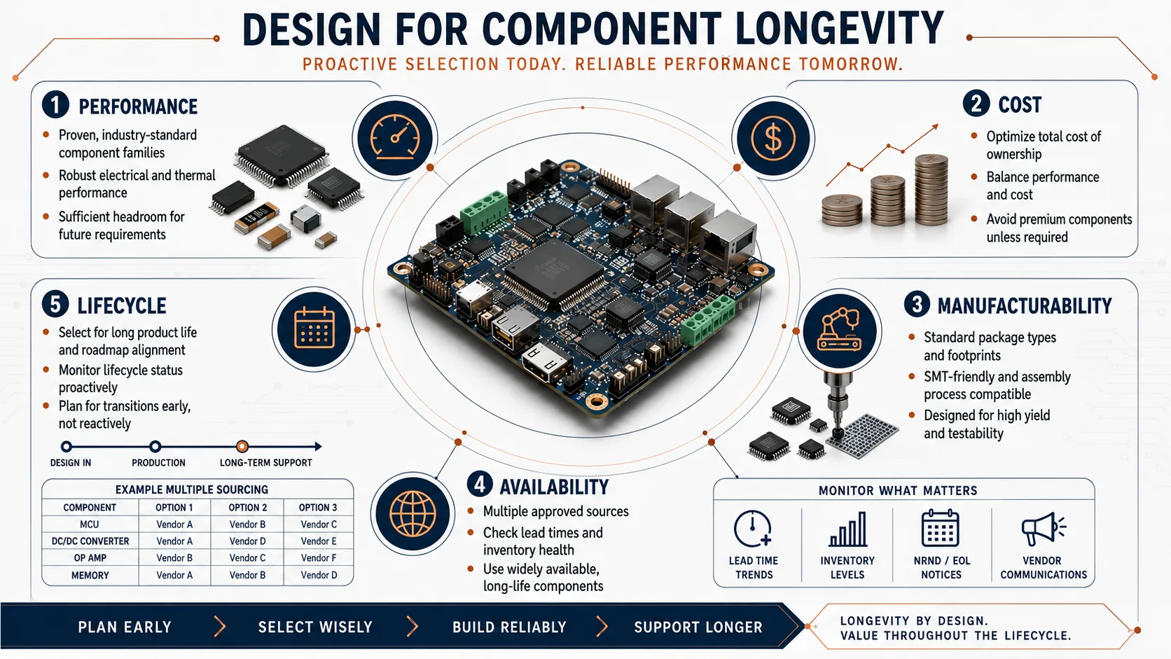 Electronics design for component longevity balancing performance cost availability manufacturability and lifecycle