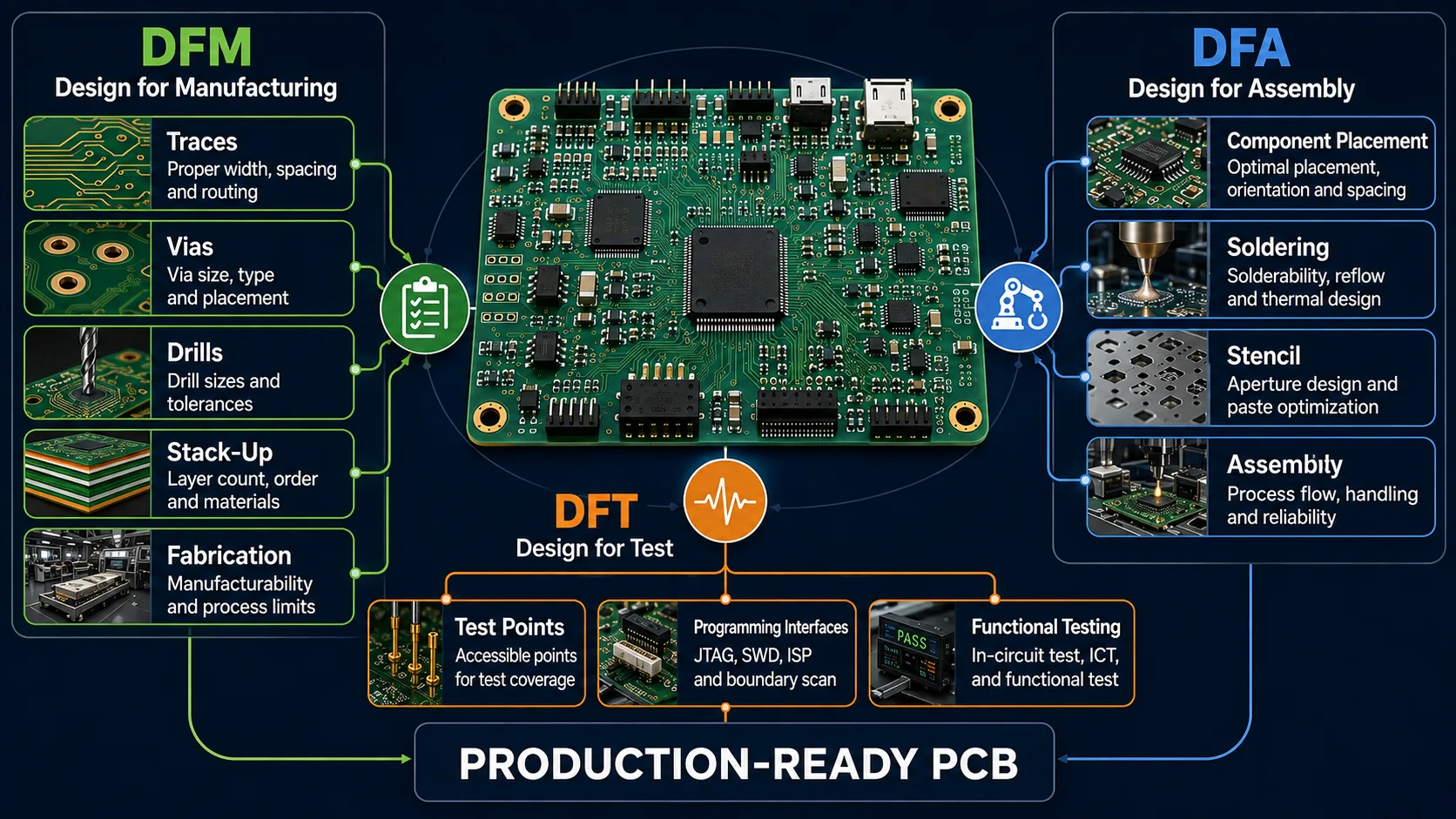 DFM + DFA + DFTProduction-ready PCB design requires coordinated consideration of manufacturing, assembly and testability.