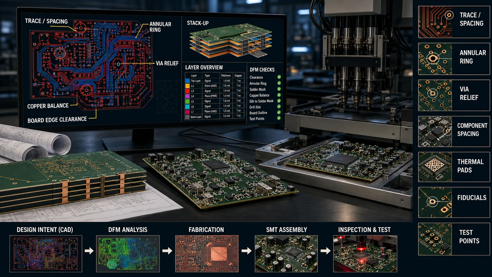 PCB design showing common DFM issues including trace spacing, vias, component placement, copper distribution and manufacturing constraints