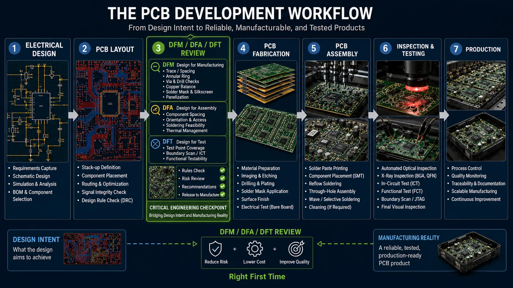From PCB Design to ProductionDFM connects PCB design intent with fabrication, assembly, inspection, testing and production.