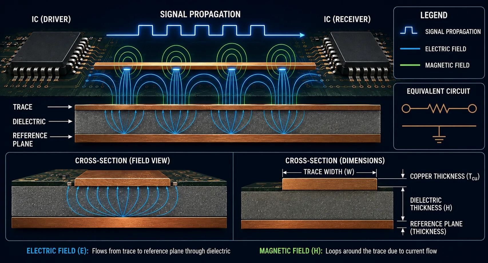 PCB transmission line showing signal trace dielectric and reference plane