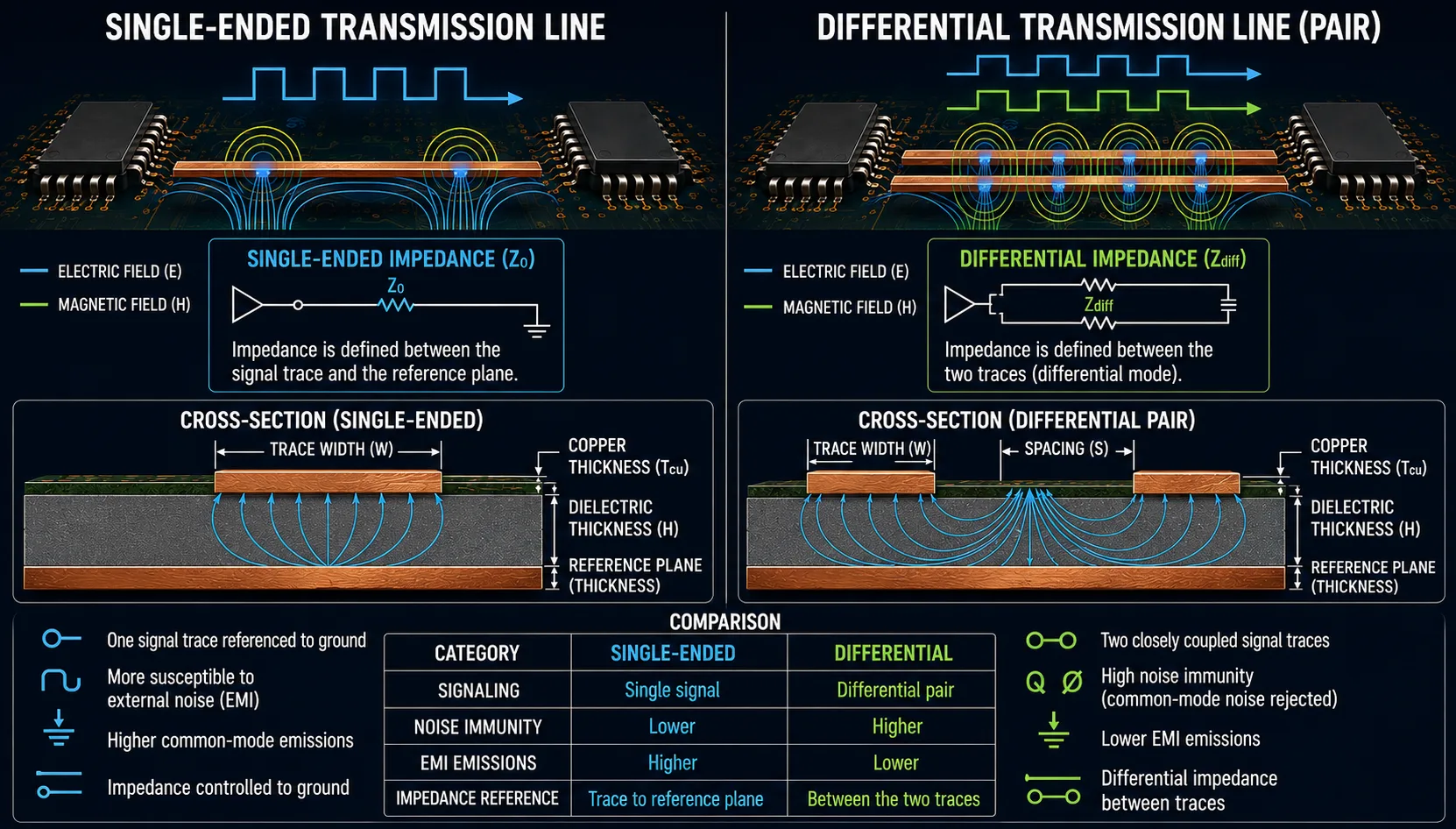 Comparison of single-ended and differential impedance PCB traces