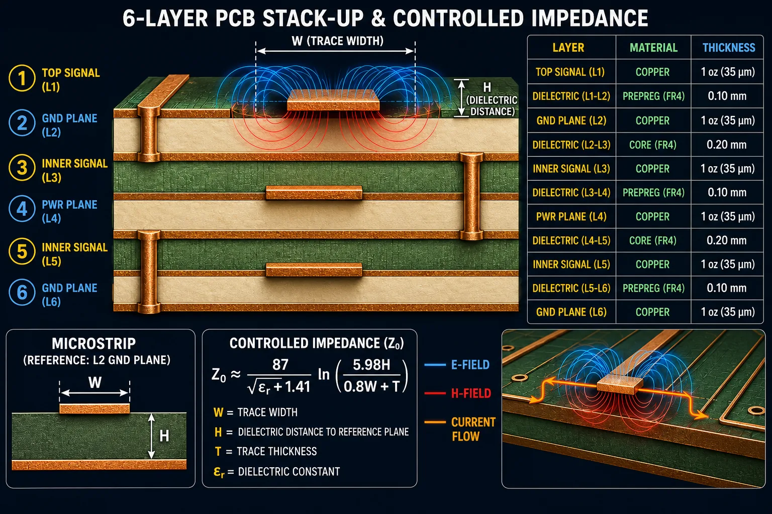 Multilayer PCB stack-up showing relationship between trace geometry dielectric thickness and impedance