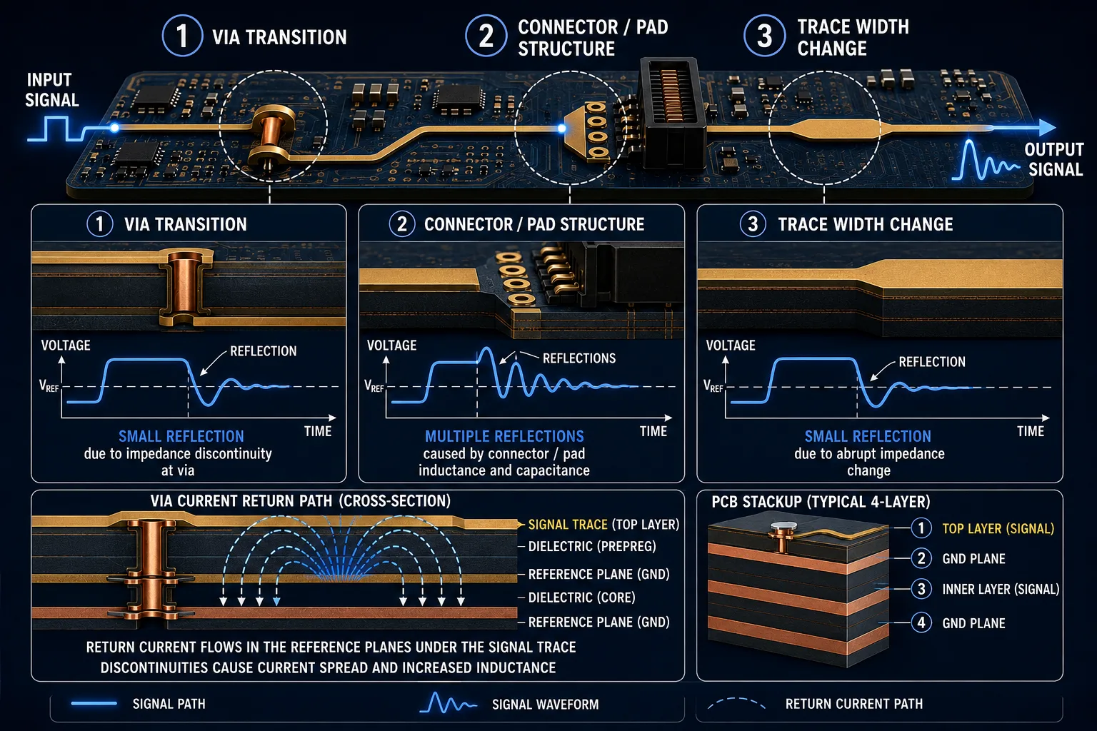 PCB impedance discontinuities caused by vias connectors pads and trace geometry changes