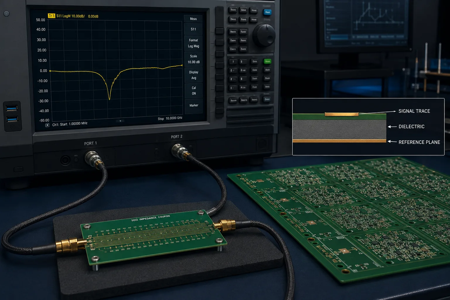 PCB impedance test coupon being measured for controlled impedance