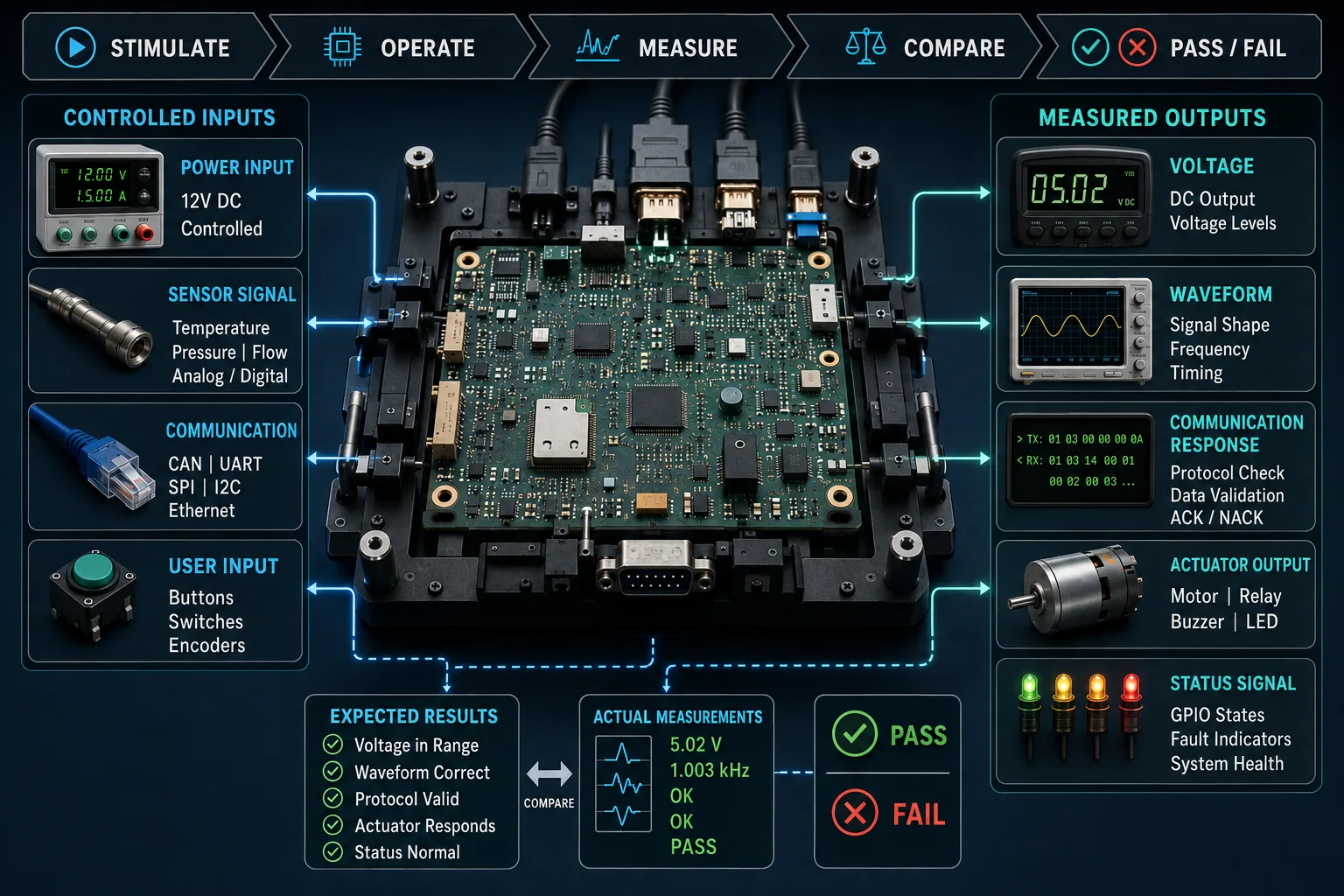 Functional PCBA testing showing inputs outputs measurements and pass fail evaluation