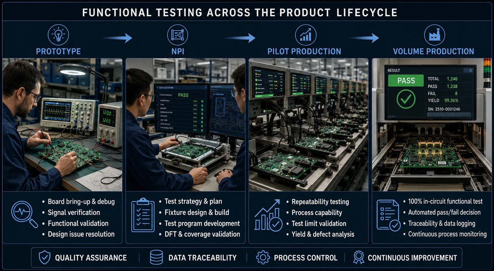 Functional testing lifecycle from PCB prototype through NPI pilot and production