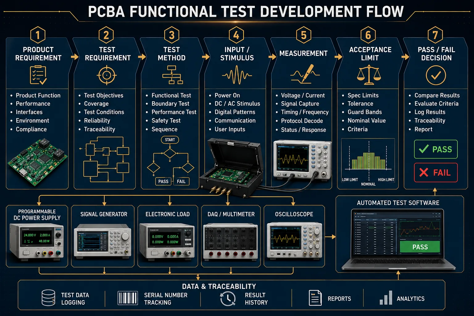 PCBA functional test development from product requirement to pass fail limit