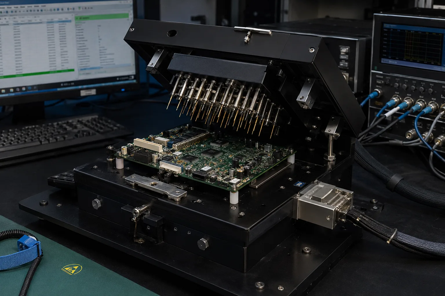 PCBA functional test fixture with probes connectors and measurement equipment