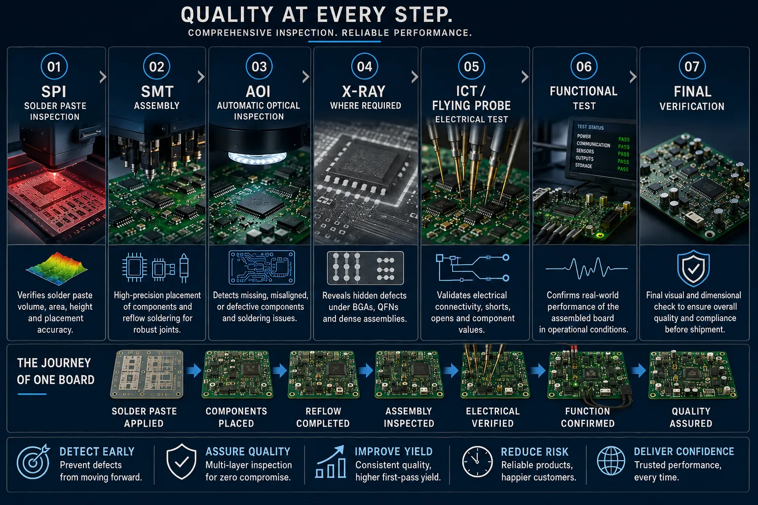 Layered PCB assembly testing strategy from SPI AOI ICT to functional testing