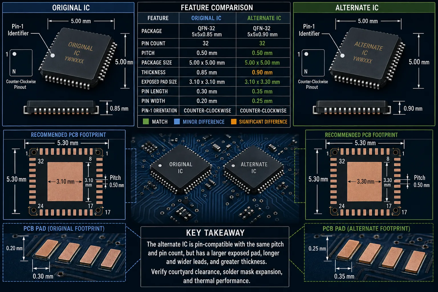 PCB footprint and pinout comparison for alternate electronic components