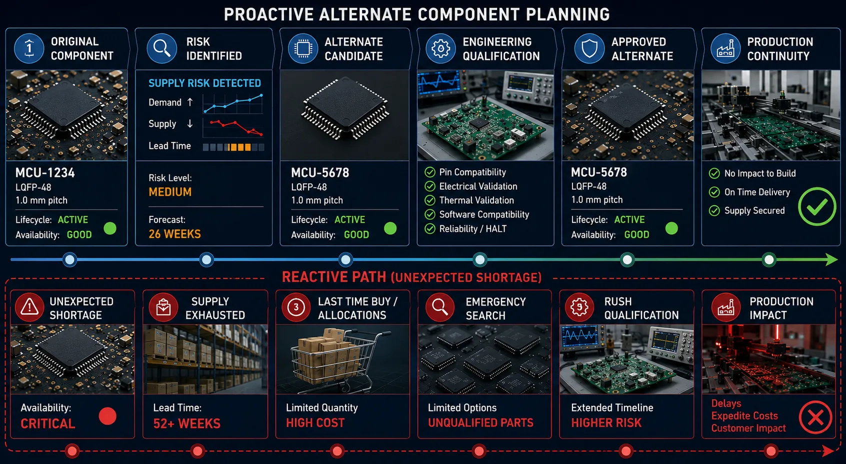 Proactive alternate component qualification and production continuity timeline