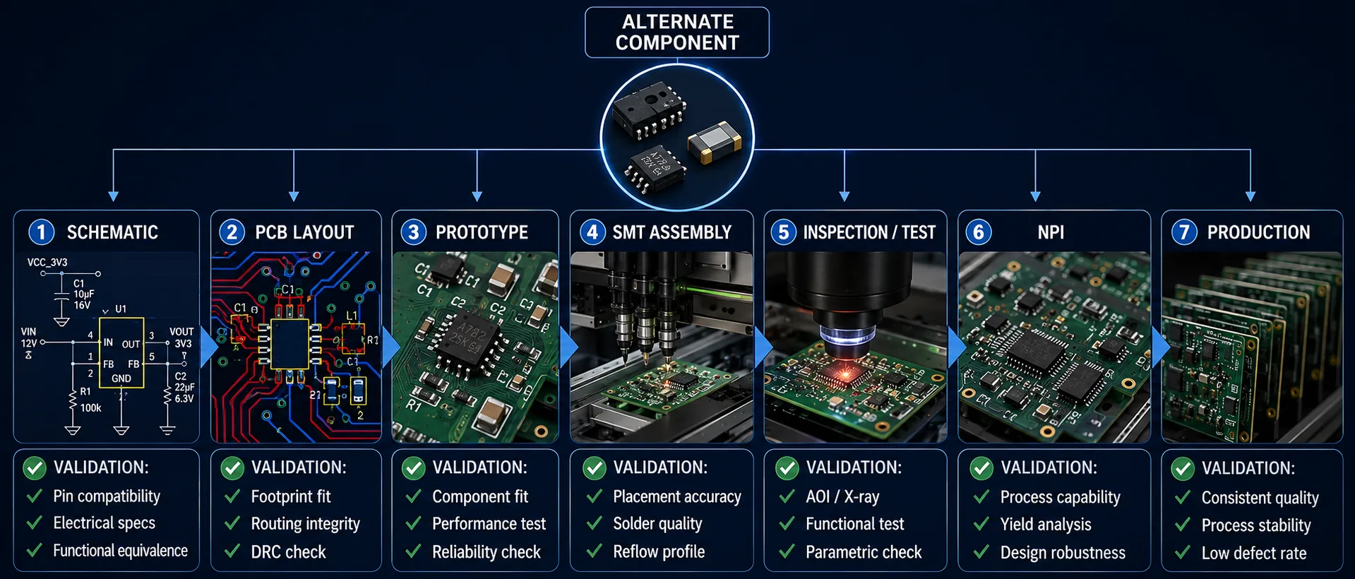 Alternate component validation across PCB design prototype SMT NPI and production