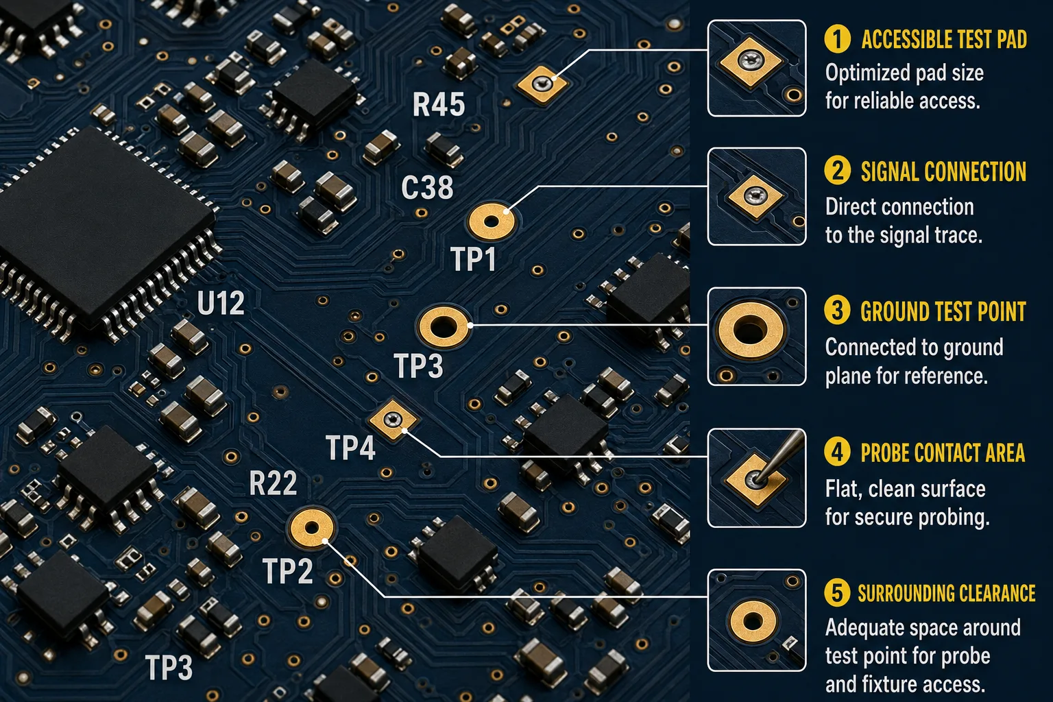 PCB test point showing probe access to electrical circuit node