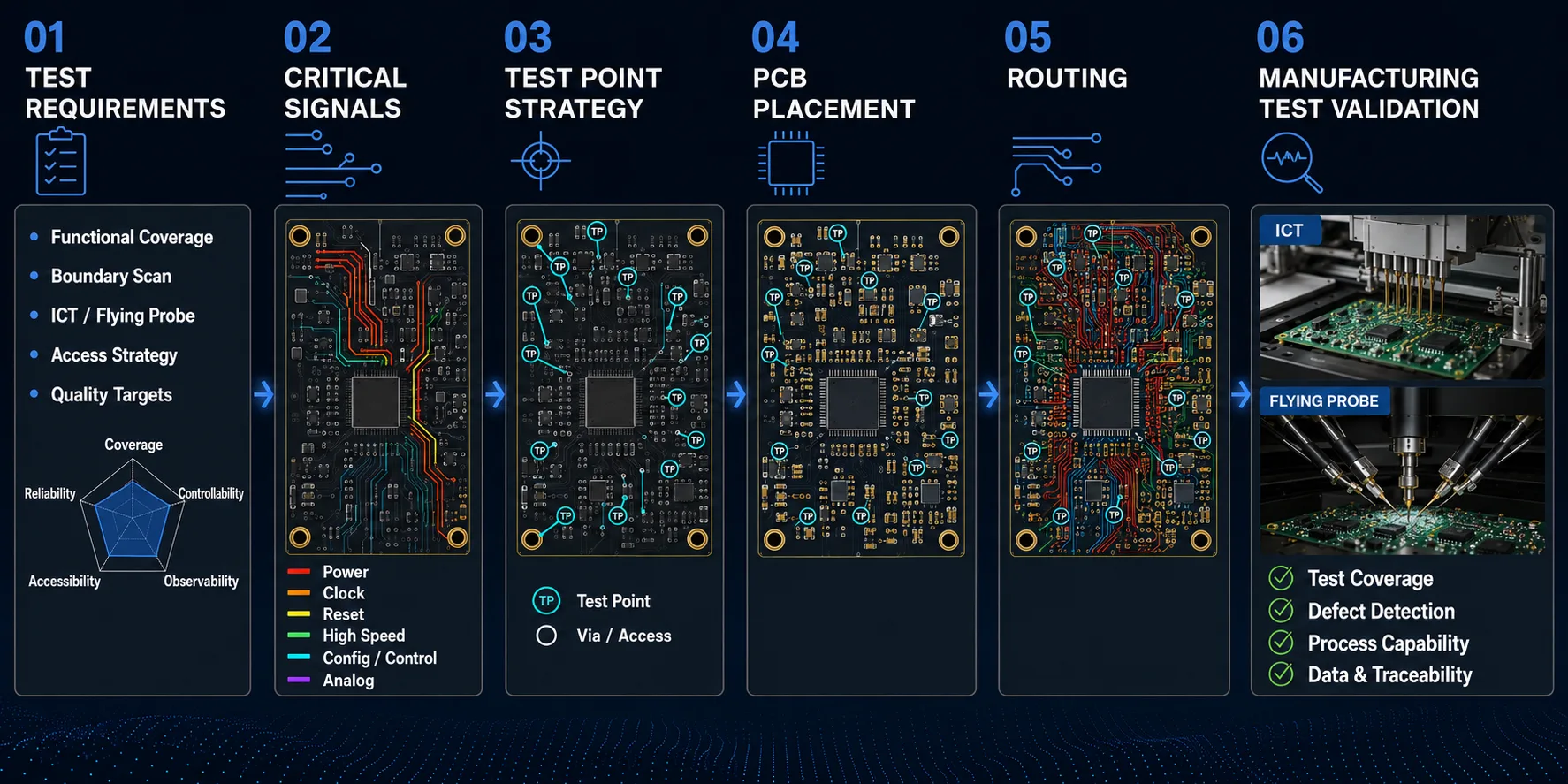 PCB design workflow showing test point planning before manufacturing