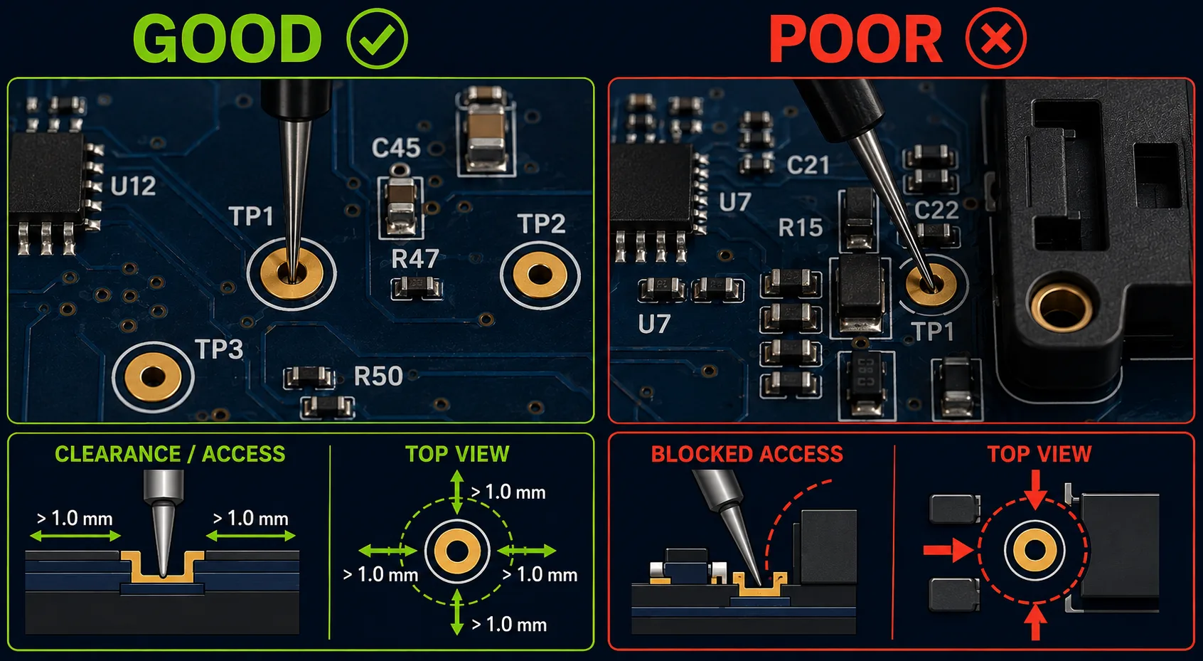 Good and poor PCB test point placement for manufacturing testing