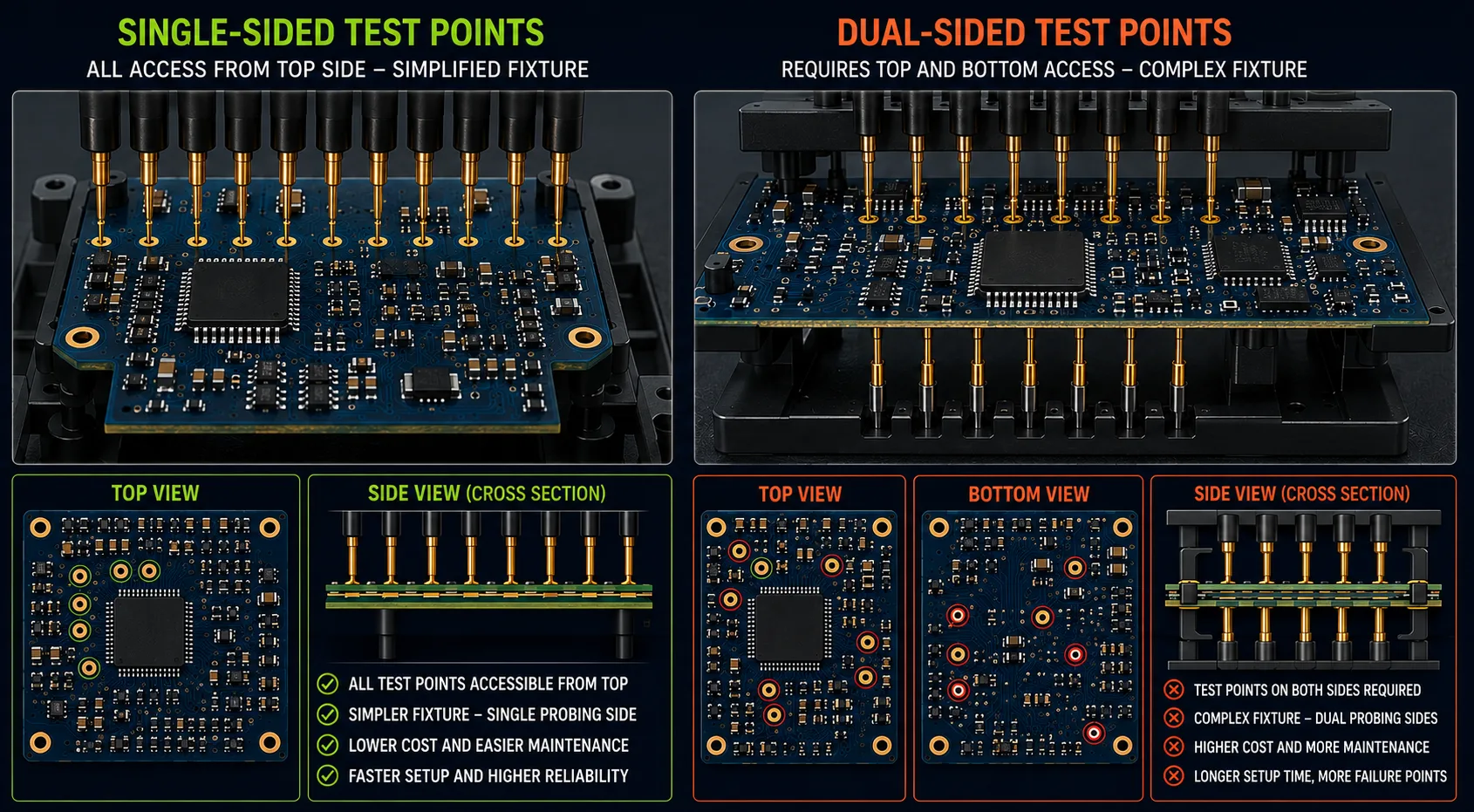 Single-sided and double-sided PCB test point arrangements