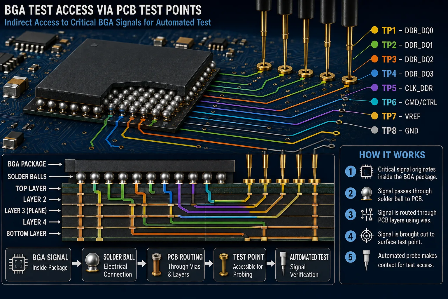 PCB test access for signals connected to BGA components
