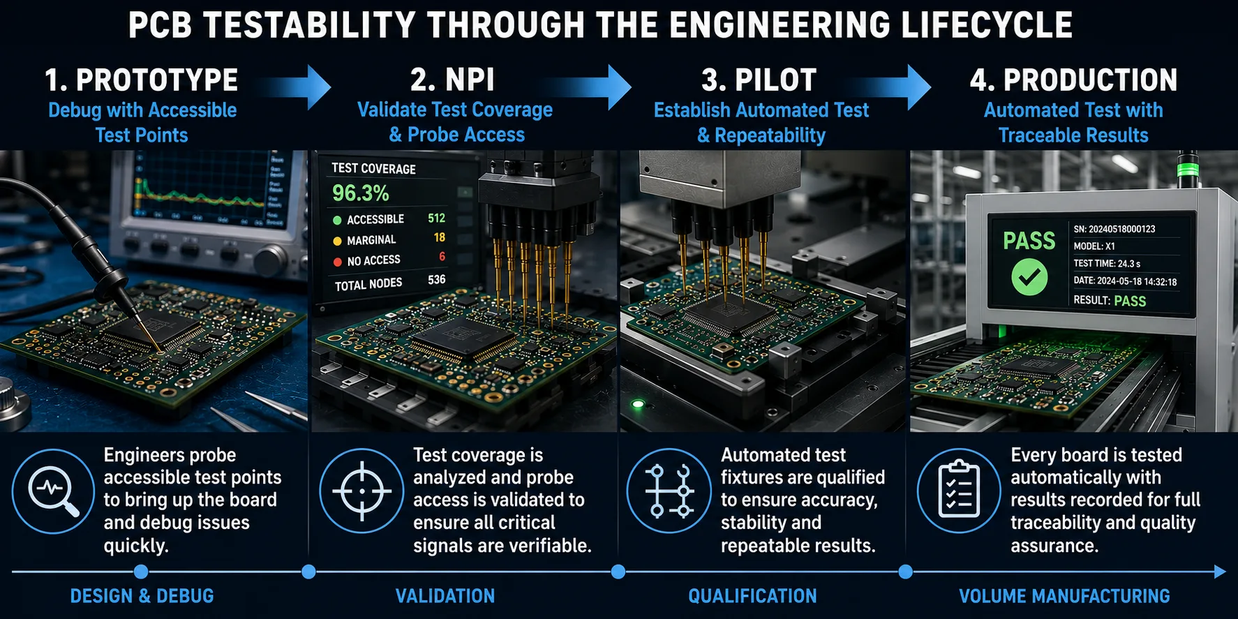 PCB testability lifecycle from prototype through NPI pilot and production