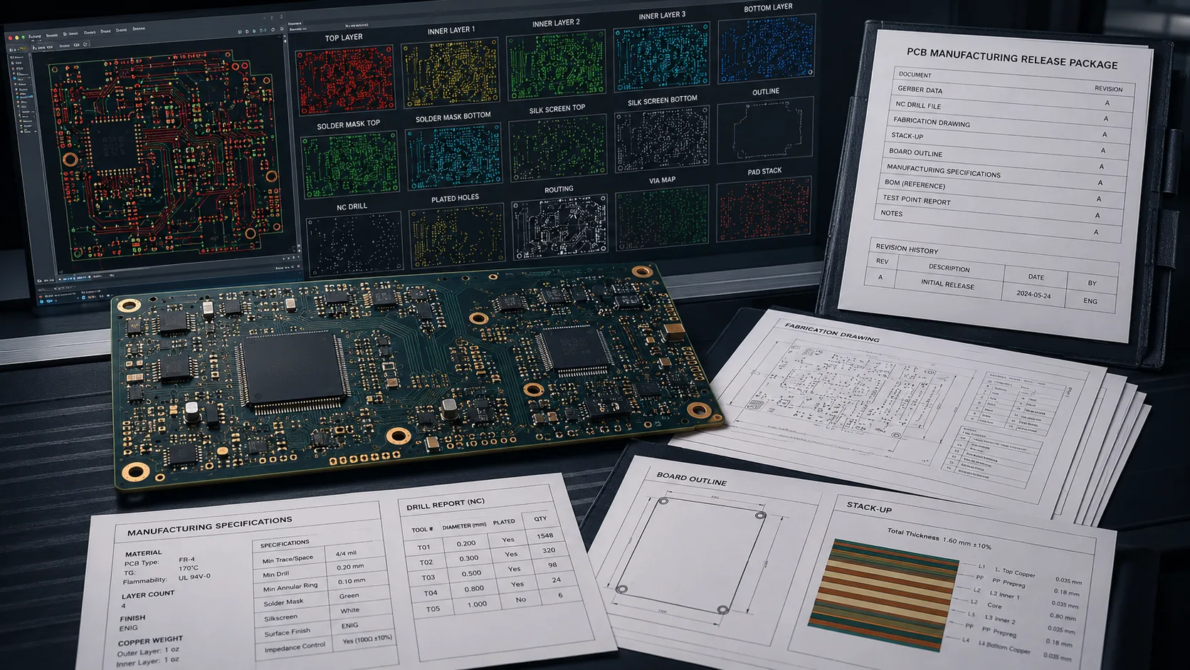 PCB manufacturing package showing Gerber files, NC drill data, fabrication drawing, stack-up and multilayer PCB