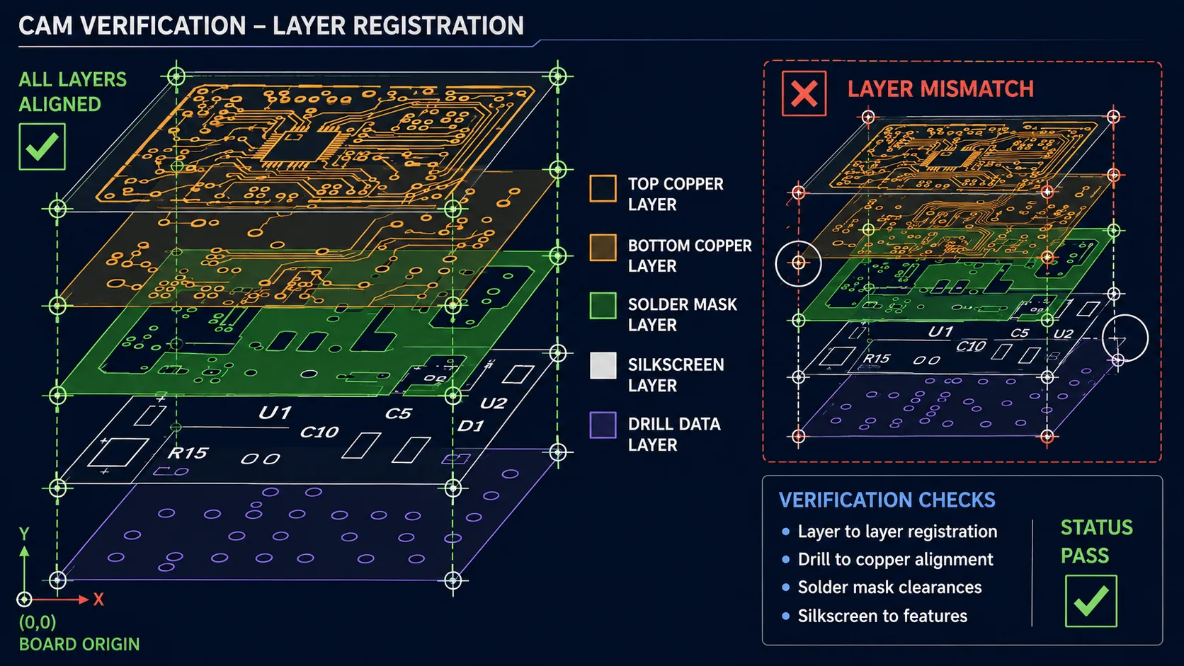 CAM Layer AlignmentOverlaying manufacturing layers helps identify registration, alignment and export inconsistencies before fabrication.