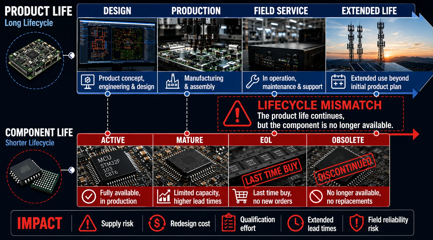 Product lifecycle versus electronic component lifecycle showing obsolescence risk