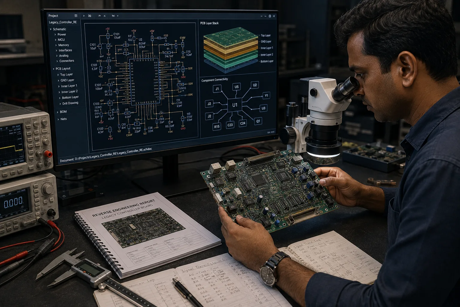 Engineer reverse engineering a legacy PCB using physical board and reconstructed CAD documentation