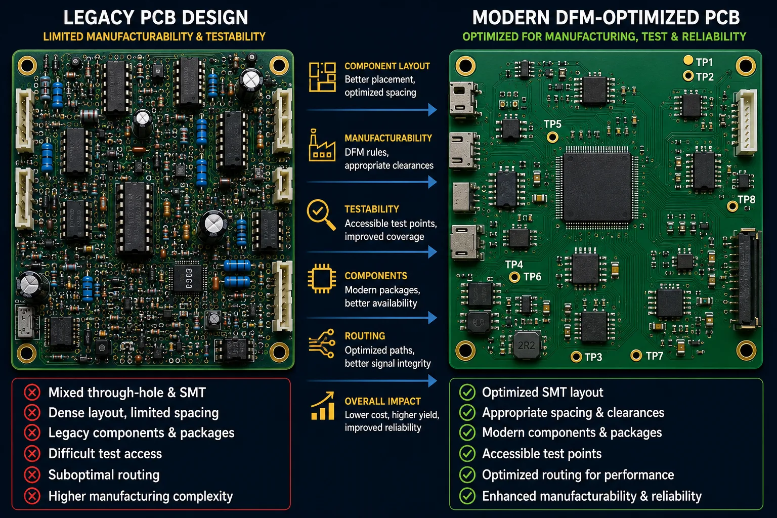Comparison of legacy PCB layout and modern DFM optimized PCB redesign