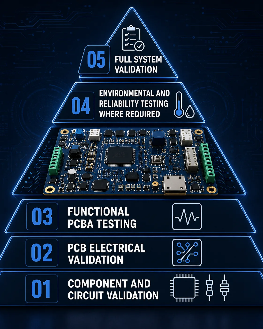 Validation pyramid for redesigned legacy PCB from circuit testing to system validation