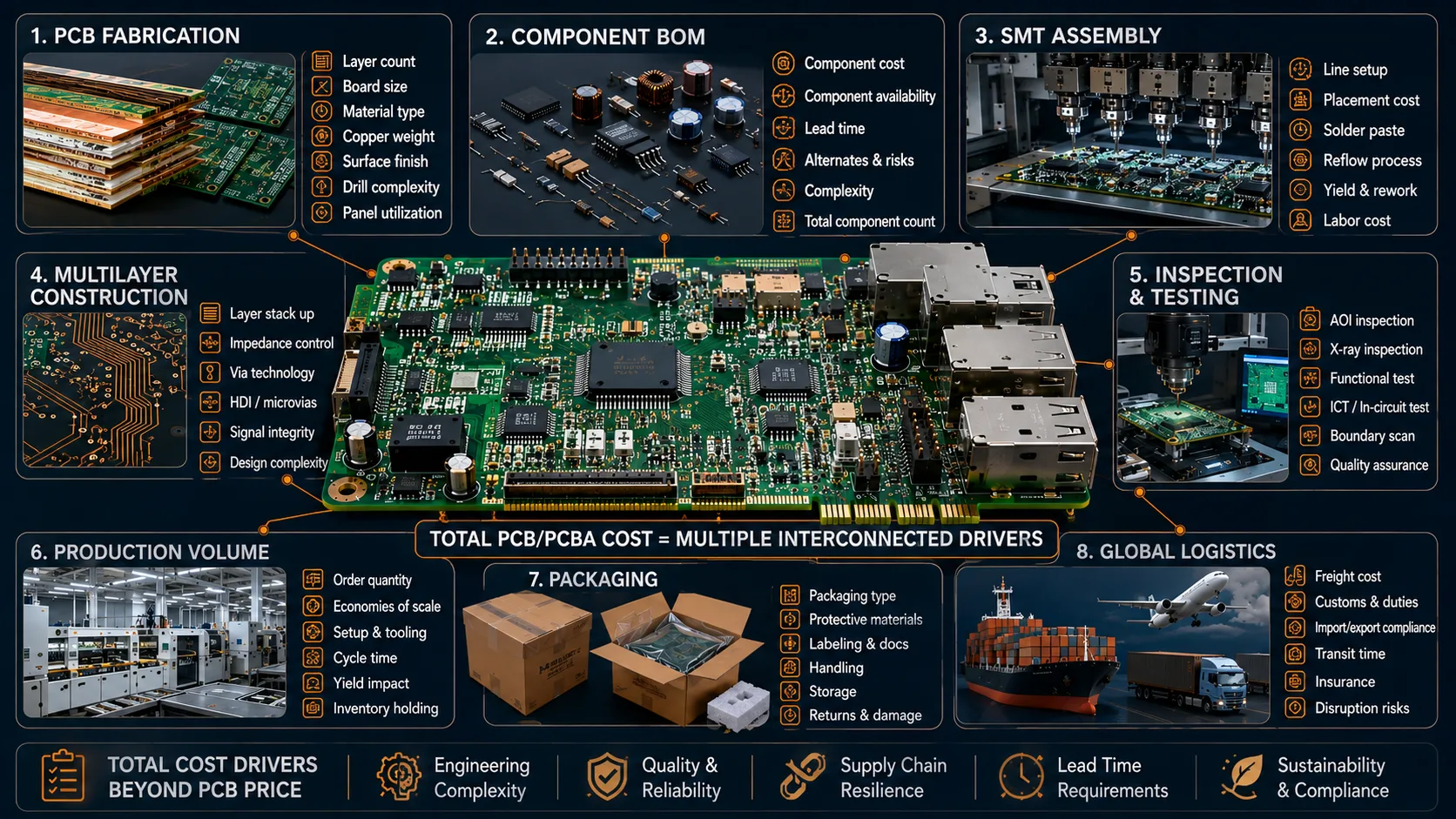PCB and PCBA global sourcing cost drivers including BOM, fabrication, assembly, testing, volume and logistics