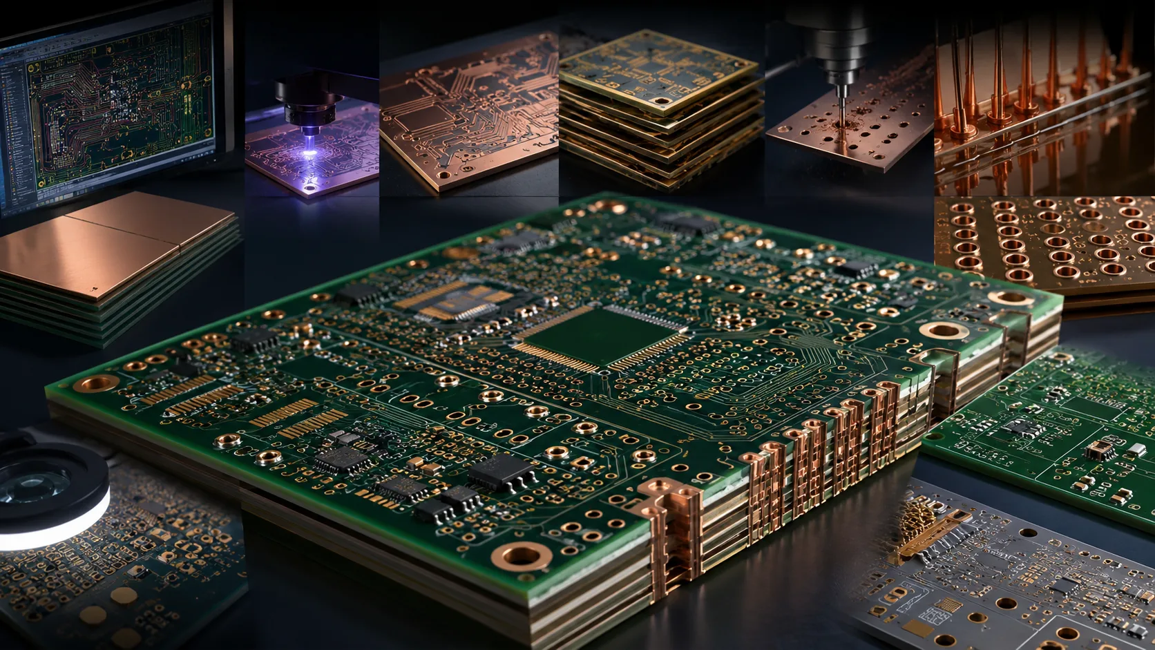 Multilayer PCB fabrication process showing imaging, lamination, drilling, copper plating, solder mask, surface finish and inspection