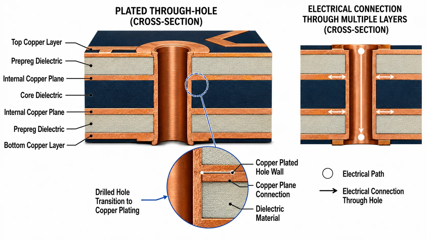 PLATED THROUGH-HOLE CROSS SECTIONCopper plating creates the conductive barrel that electrically connects the required copper layers through a plated through-hole.