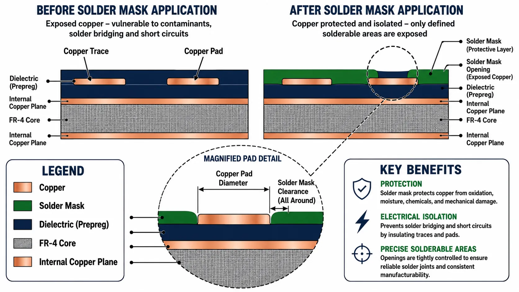 SOLDER MASK FUNCTIONSolder mask protects and electrically isolates much of the PCB surface while leaving defined openings for solderable features.