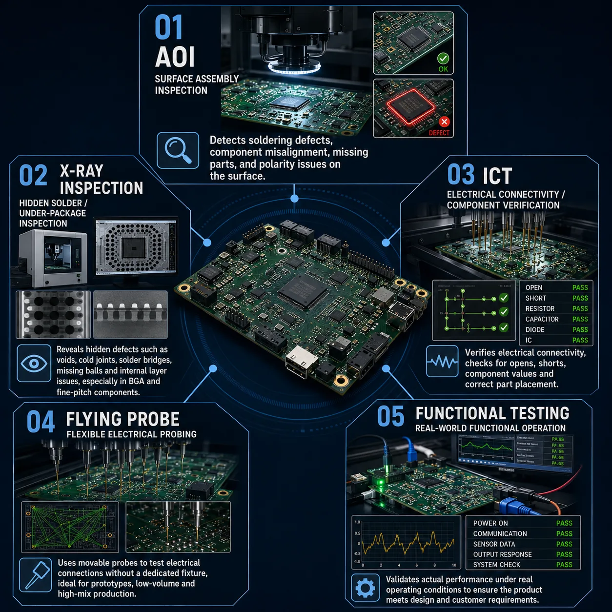 Five PCB testing methods AOI X-ray ICT flying probe and functional testing