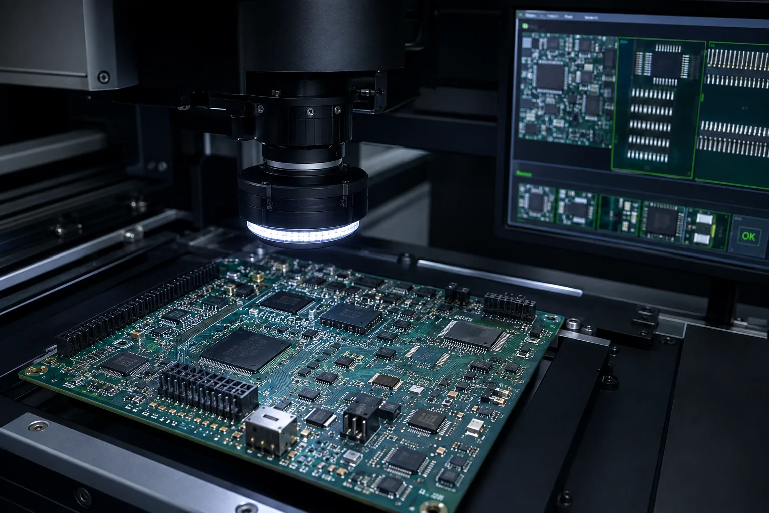 Automated optical inspection machine inspecting SMT PCB assembly