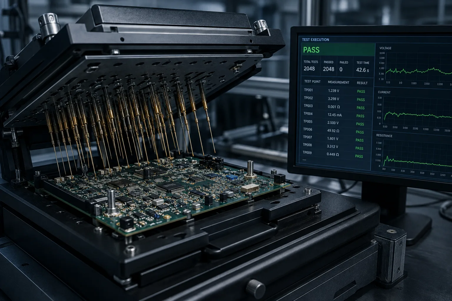 In-circuit testing of PCB assembly using test fixture and electrical probes