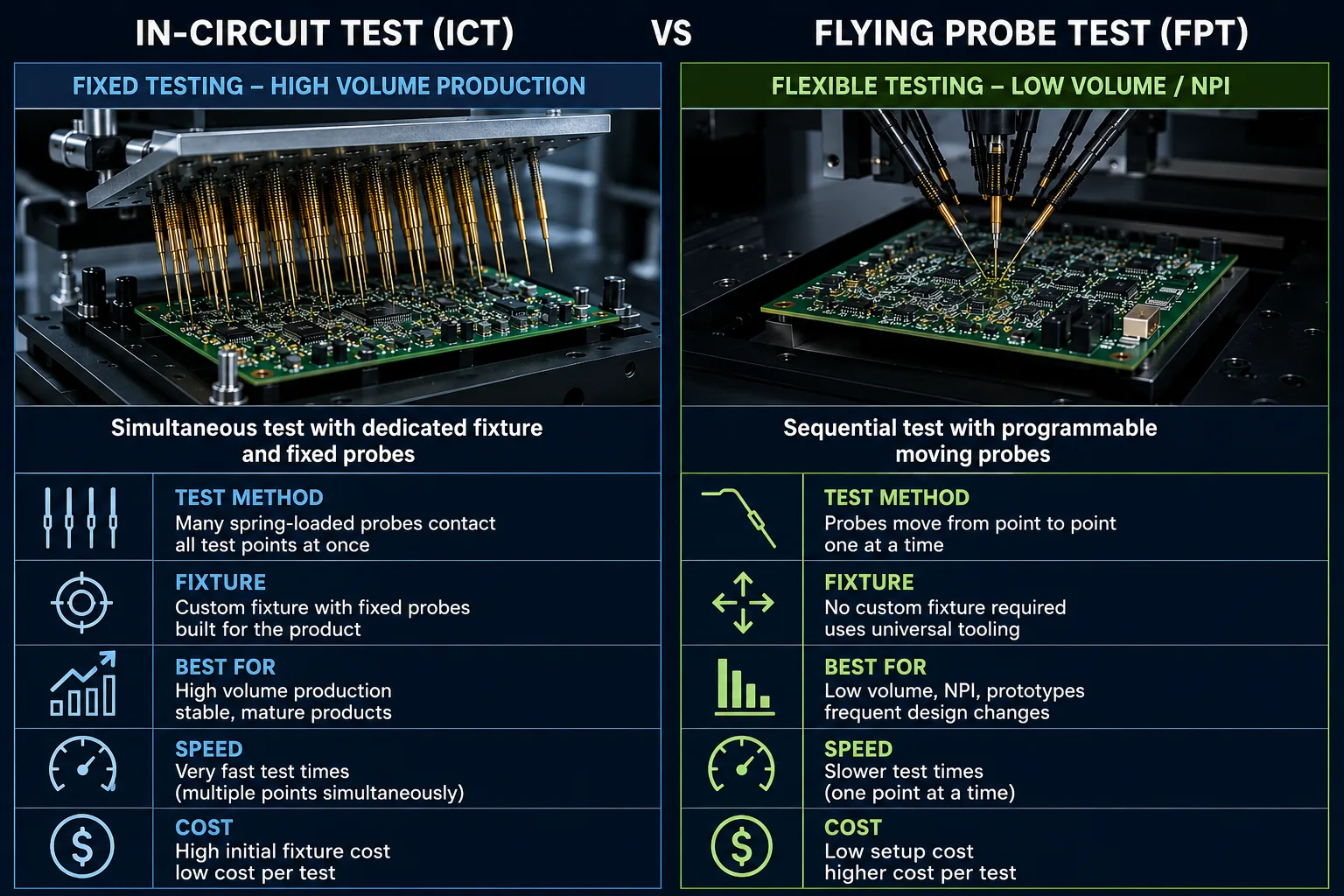 Comparison of ICT fixture testing and flying probe PCB testing