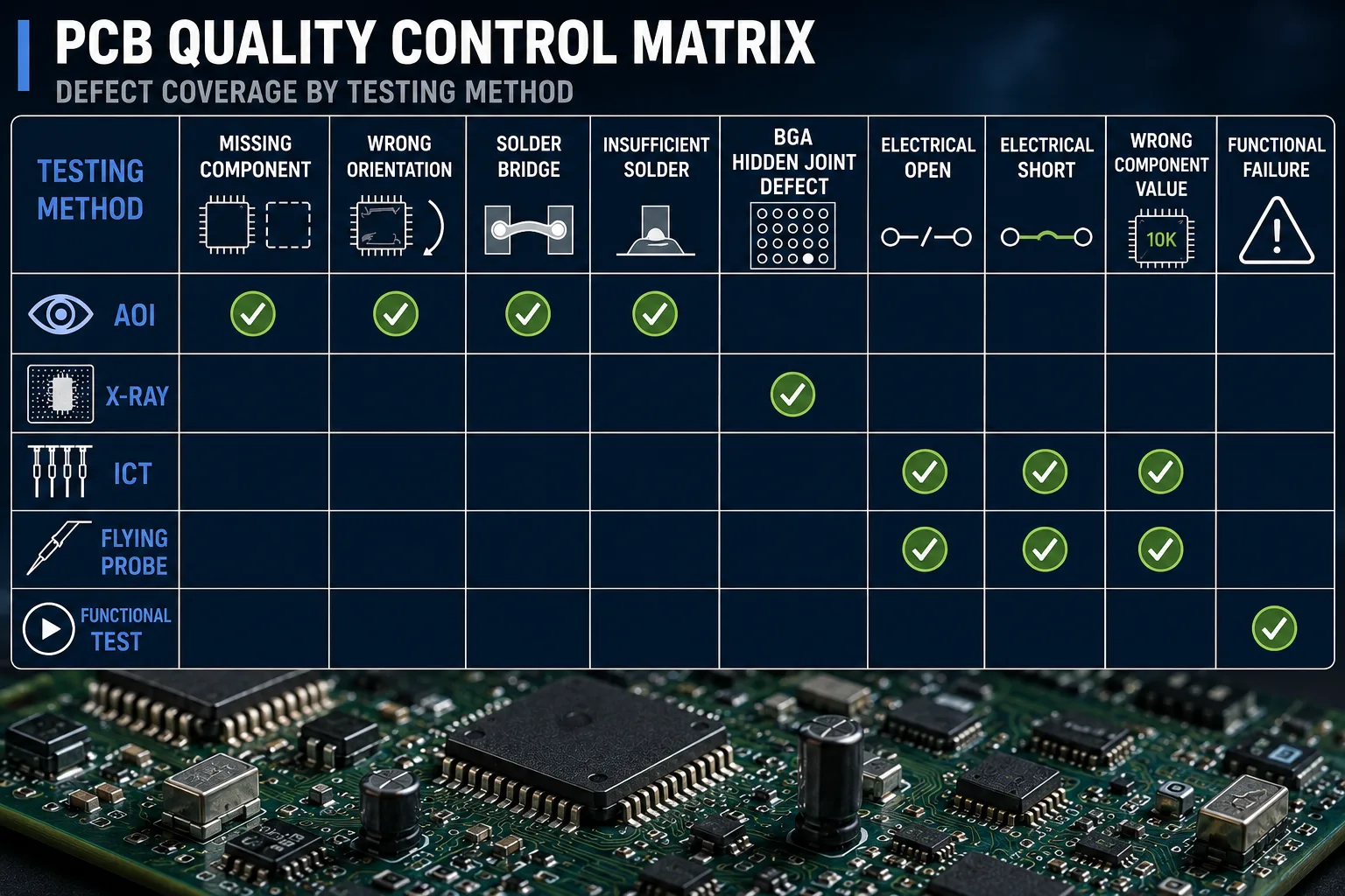 PCB defect coverage matrix for AOI X-ray ICT flying probe and functional testing