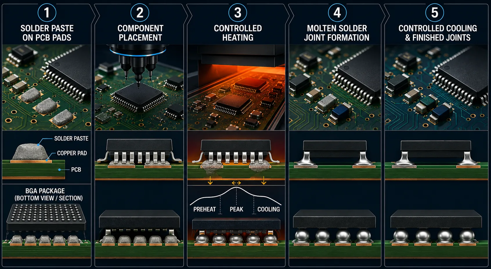Five-stage SMT reflow soldering process from solder paste deposition to finished solder joints