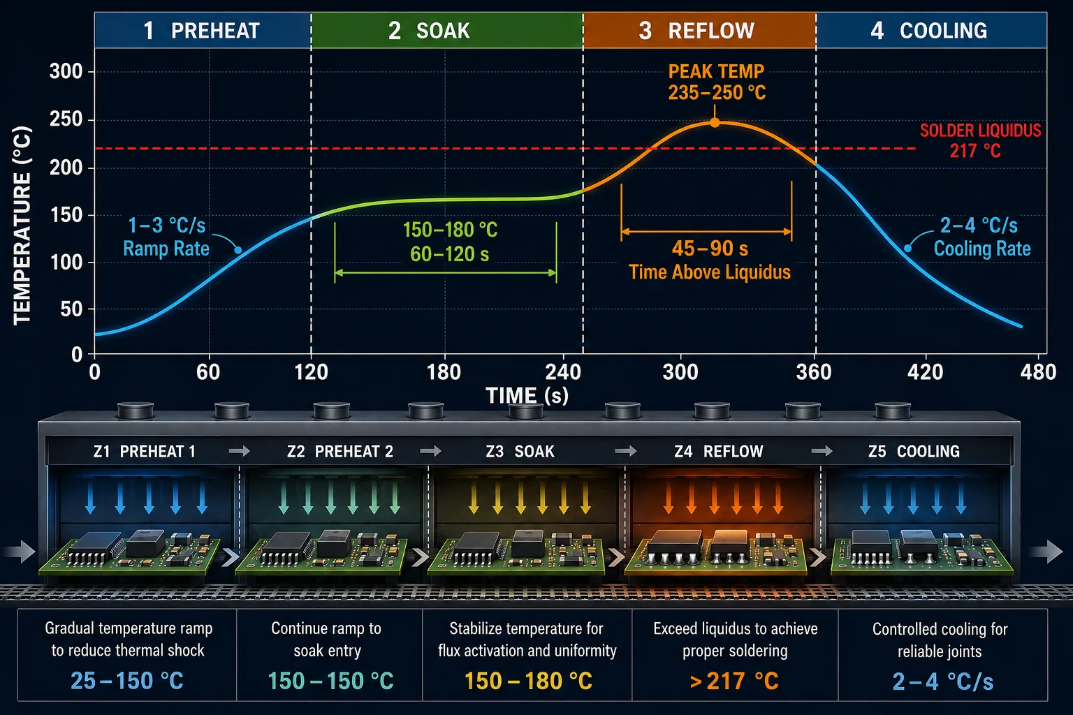 SMT reflow thermal profile showing preheat soak reflow and cooling stages