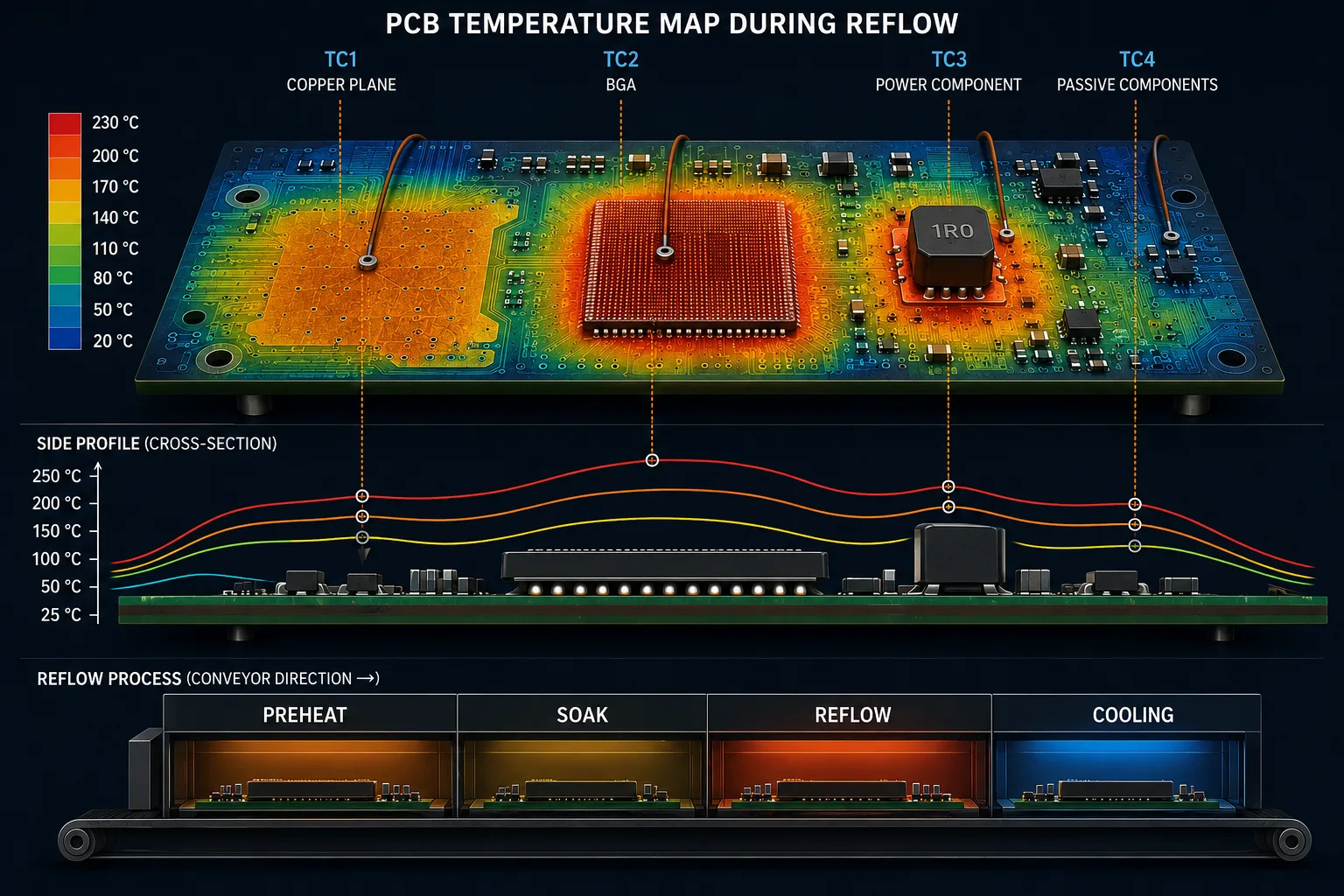 PCB thermal mass and component density affecting reflow temperature distribution