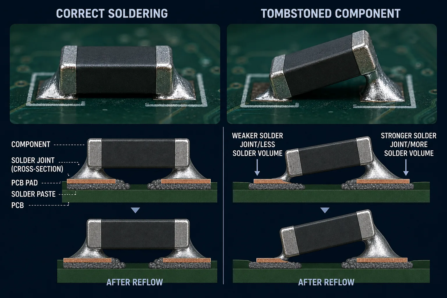 Comparison of normal SMT soldering and tombstoning during reflow