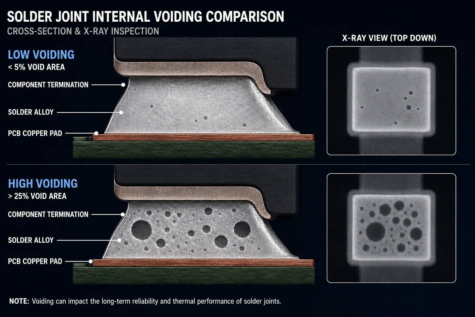 Technical cross-section showing solder voiding after SMT reflow